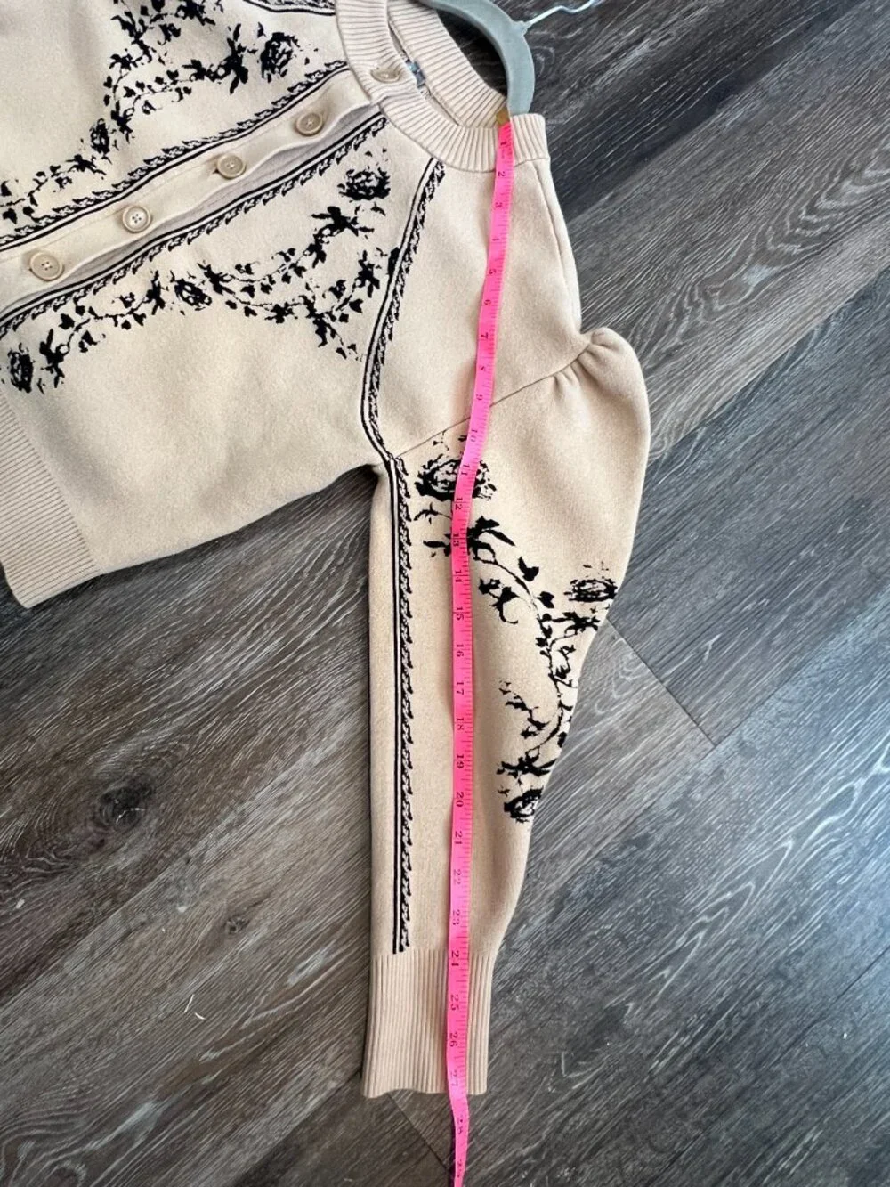 Anthropologie Embroidered Cardigan XS | Tan Floral Knit | Feminine Puff Sleeve - Picture 13 of 15